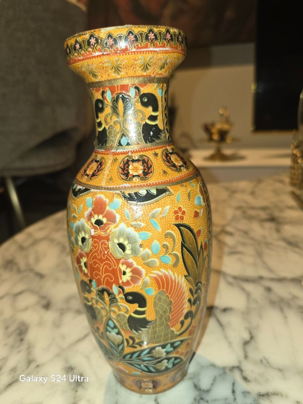 Vintage Satsuma Style Ceramic Vase Phoenix Goose Duck Bird Floral Decor